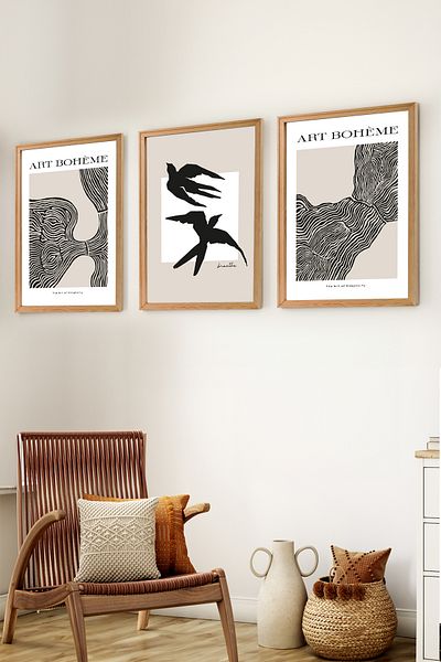 Muyika Design Set de 3 picturi decorative pentru decorarea casei în stil boem nordic modern cu cadru din lemn premium-SET4