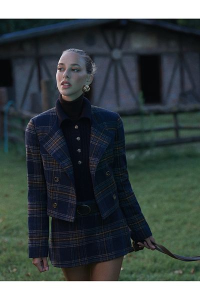 Koton 5Wak50014Ew 7C0 Navy Blue Plaid Women's Blazer Jacket
