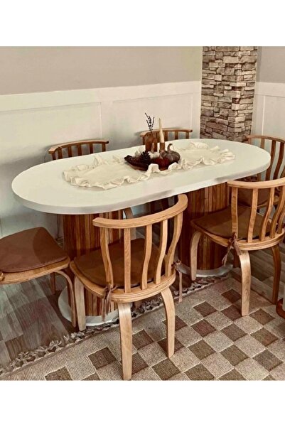 OlcayAksesuar Ada 180x90x75cm (36MM KALIN KENARLI) Oval Beyaz Sütunlu Yemek M...