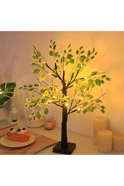 BENİMOLMALI 60cm Led Işıklı Siyah Huş Ağacı Yeşil yapraklı Pilli, Dekoratif A...