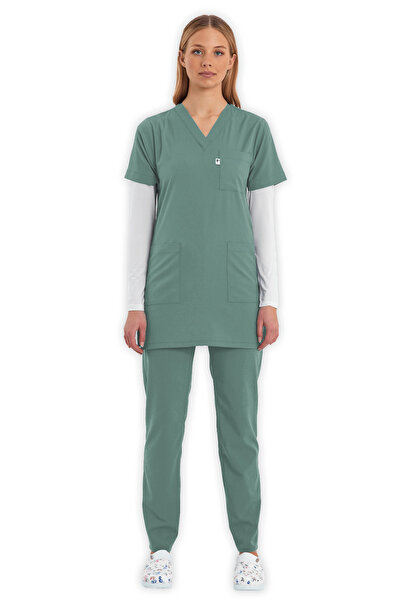 LAME Uniform Tunik Mint Yeşili Likralı Hemşire ve Doktor Forması Scrubs Takım