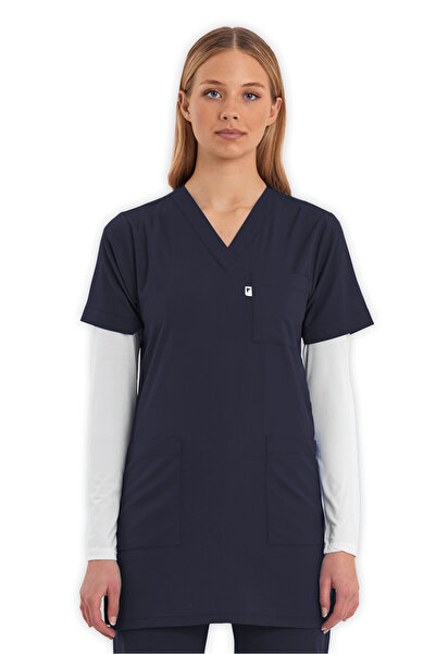 LAME Uniform Tunik Antrasit Likralı Hemşire ve Doktor Forması Scrubs Üst