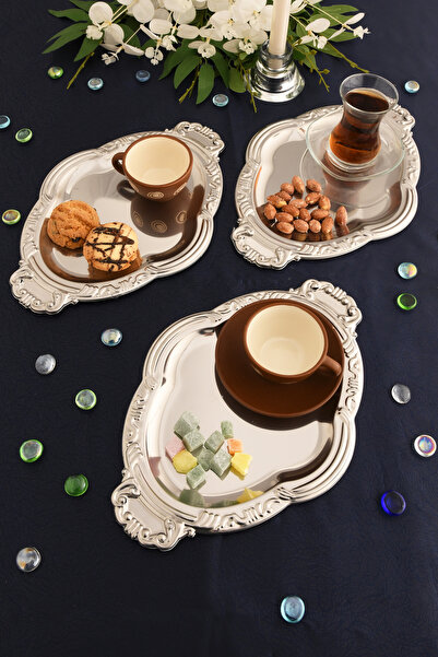 AKSESUAR EVRENİ Elvir Paslanmaz Osmanlı Desen Sunum Tepsisi Gümüş 3 Lü Takım