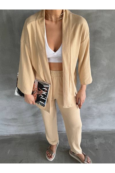 VB Steel Women's Beige Bürümcük Kimono and Pants Two-Piece Set