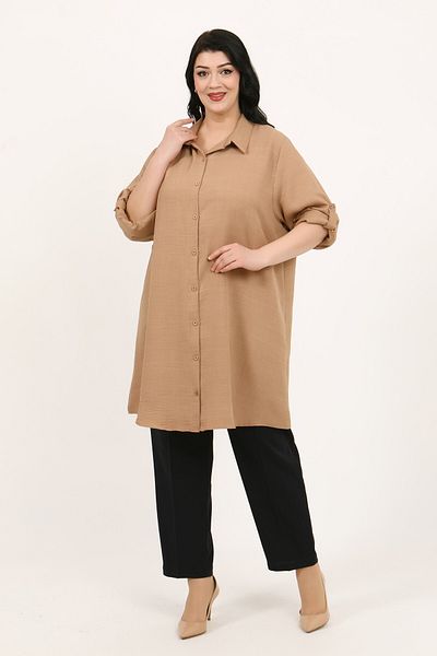 By Alba Collection Women's Milk Coffee Soft Linen Large Size Tunic