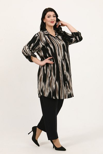 By Alba Collection Women's Black Patterned Cotton Viscose Large Size Tunic