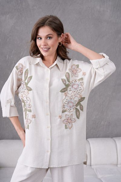 MVStore Women's Floral Print Embroidery Embroidered Linen Oversize Shirt and Pants