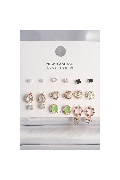 Skygo Brass Gold Color Drop Zircon Stone Pearl Heart Detail 9 Pairs Women's Earring Set - Tj-Bkp10181