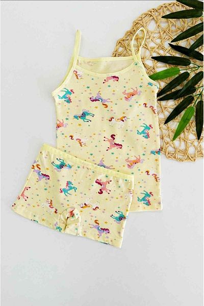 Kids Girl's Cotton Yellow Unicorn Patterned Athlete Boxer Set