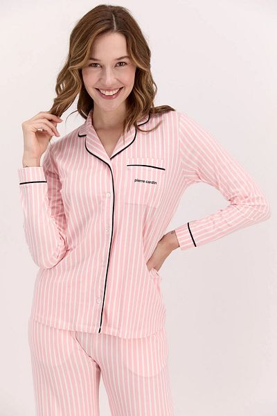 Pierre Cardin Costum de pijama din bumbac cu mâneci lungi pentru femei, cu model de dungi, cu nasturi