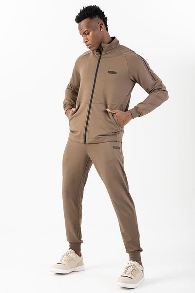 MARATON Regular Men's Stand Collar Ribbed Leg Raglan Sleeve Cocoa Tracksuit Set 22438