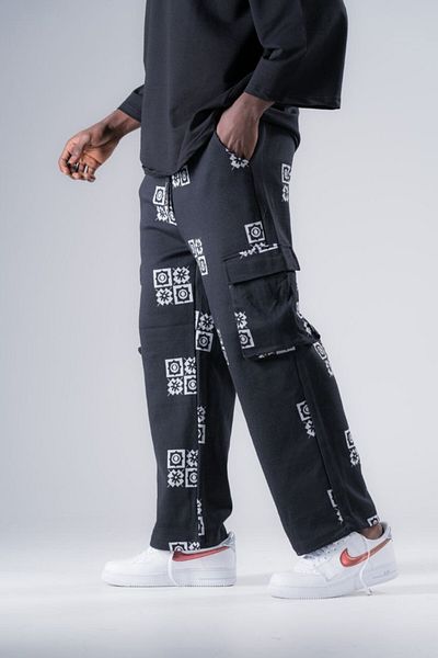FıttingRoom Patterned Baggy Trousers with Elastic Waist and Cargo Pockets