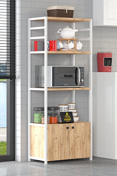 Cosargroup Bohem Dekoratif Çok Amaçlı Mutfak Standı 2 Kapaklı 4 Raflı Kahve Köşesi Mutfak Rafı Mutfak Bangosu