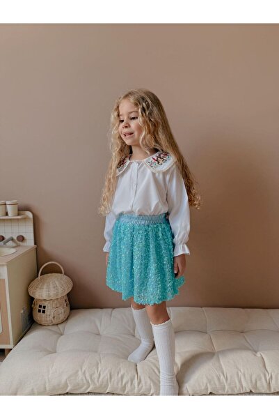 TEDİ Mavi pul payet etek nakış işlemeli yakalı gömlek kız çocuk takım