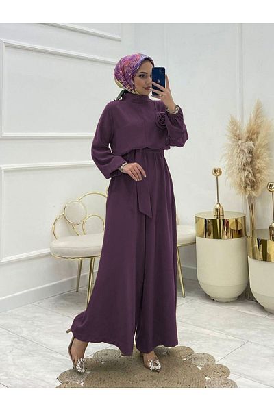 Modamorfo Stand Collar Belted Rose Jumpsuit -Purple