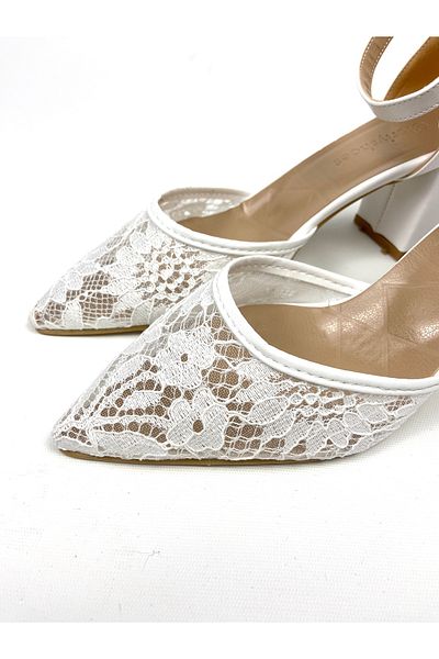 Gloriys Ayakkabı & Çanta White Skin Lace 6 cm High Thick Heel Shoes 01424