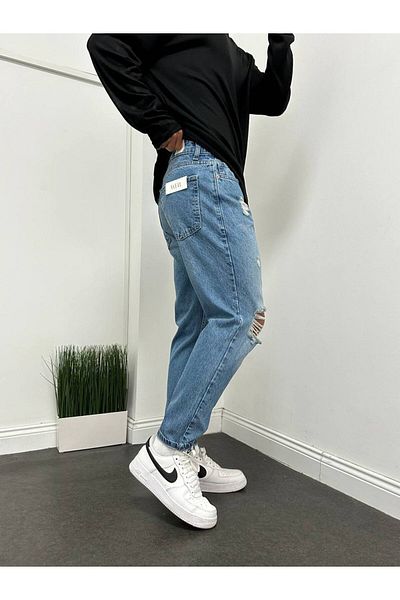TÜZeMEN Men's Boyfriend Knee Ripped Blue Jeans Trousers