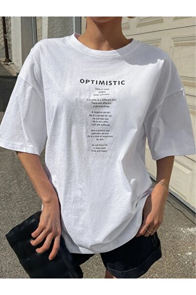 WEARTEX Women's Optimistic Printed Crew Neck Oversize Basic T-Shirt