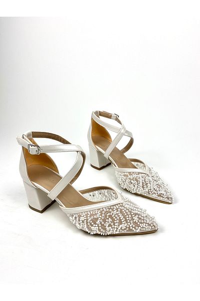 Gloriys Ayakkabı & Çanta Mother of Pearl Leather Pearl 6 cm Thick High-Heeled Shoes 01422