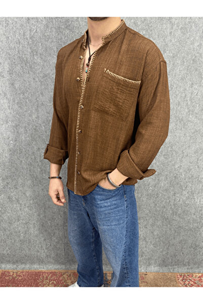 FıttingRoom Oversize Kroşatalı Pamuk Keten Kahverengi  Bohem  Gömlek