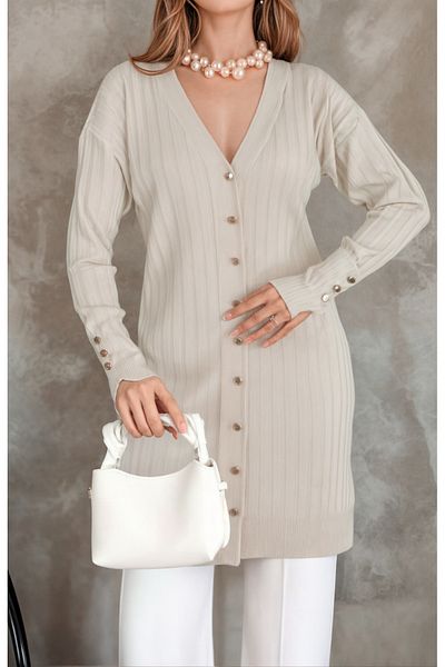 Modamorfo Metal Buttoned Slit Knitwear Cardigan - Stone
