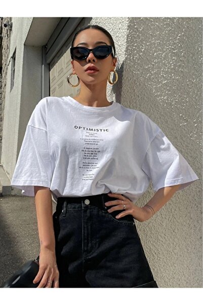 WEARTEX Women's Optimistic Printed Crew Neck Oversize Basic T-Shirt