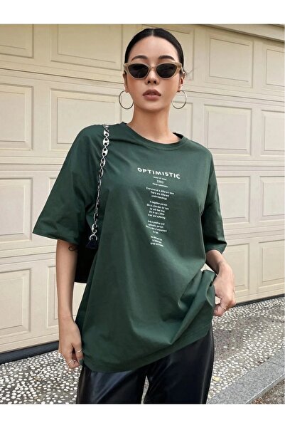 WEARTEX Women's Optimistic Printed Crew Neck Oversize Basic T-Shirt