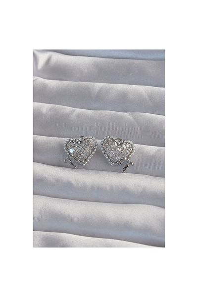 Skygo Silver Colored Brass Zircon Cubic Zirconia Bow Detail Heart Earrings - Tj-bkp9298