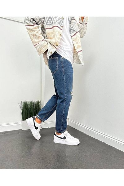TÜZeMEN Men's Boyfriend Frayed Blue Jeans Trousers
