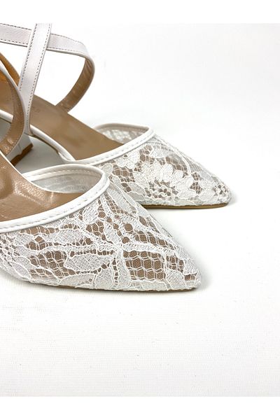 Gloriys Ayakkabı & Çanta White Skin Lace 6 cm High Thick Heel Shoes 01423