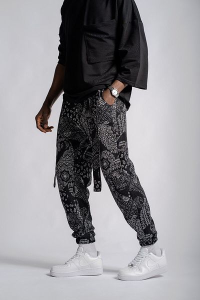 Superbluemexico Men's Patterned Belted Smoked Jogger Pants