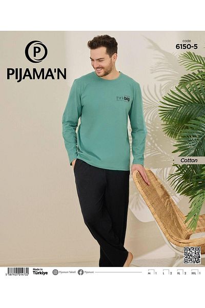 Pijamoni Men's Cotton Bicycle Collar Long Sleeve Thin Pajama Set 6150/5 - 1 Piece