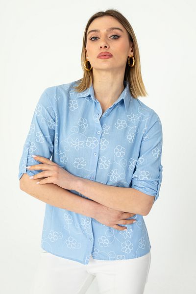 Nuevo Cămașă din in pliat cu mâneci Baby Blue Ivy