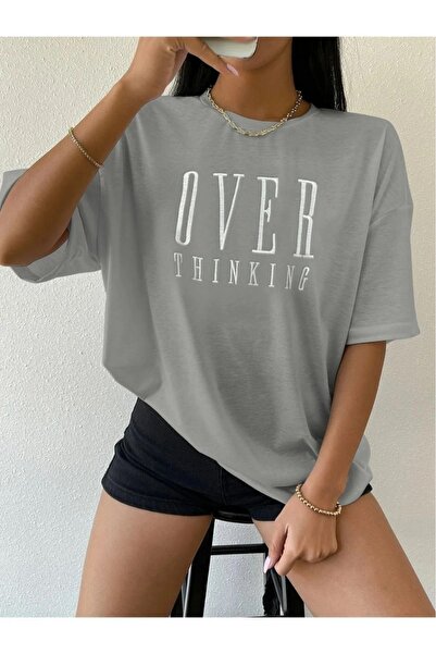 WEARTEX Women's over Think Printed Crew Neck Oversize Basic T-Shirt