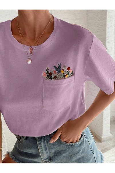 WESTİMO Women's Lilac Floral Pocket Printed Oversize T-Shirt