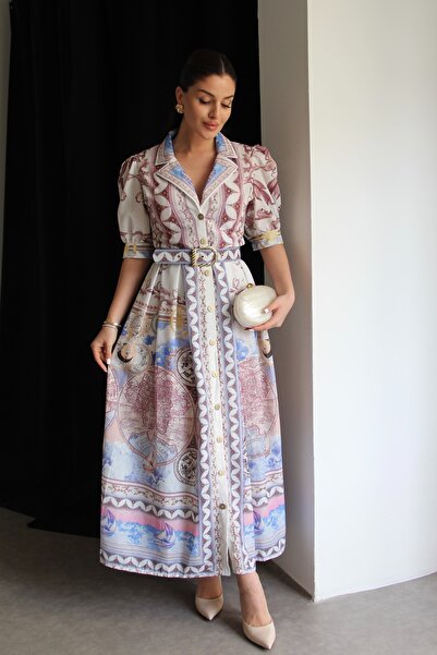 Julidress Μακρύ λινό φόρεμα με κοντό μανίκι με μοτίβο με ζώνη και λεπτομέρεια...