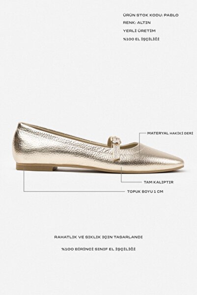NİŞANTAŞI SHOES Dámské baleríny Pablo Gold z pravé kůže s detailní přezkou a plochou podrážkou