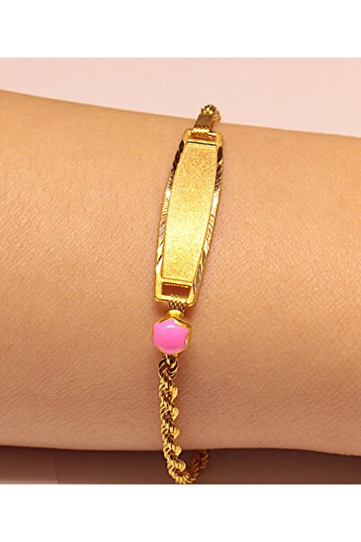 Hakan Güler Kuyumculuk Altın Pembe Taşlı Halat Model Bebek Künyesi