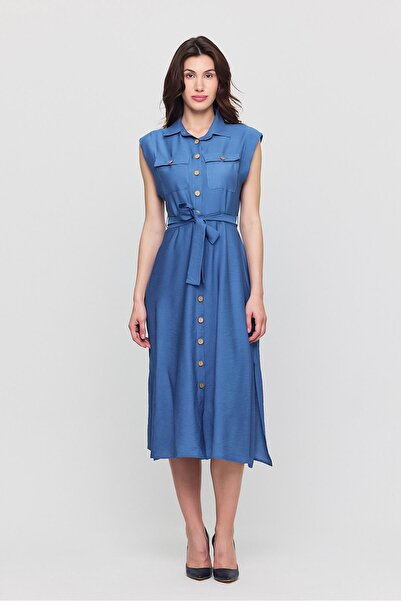 Apsen Collection فستان نسائي من Apsen بحزام وجيوب وأزرار وفتحة وياقة قميص 450...