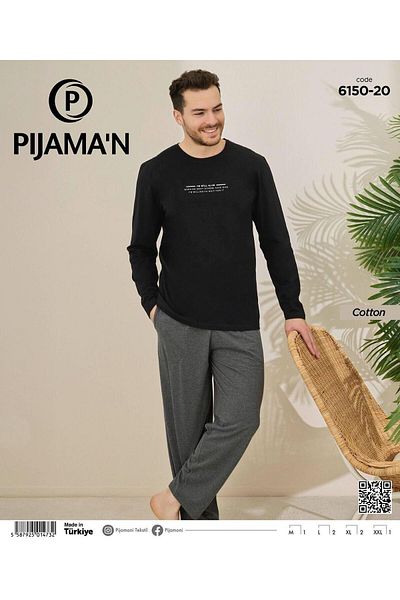 Pijamoni Men's Cotton Bicycle Collar Long Sleeve Thin Pajama Set 6150/20 - 1 Piece