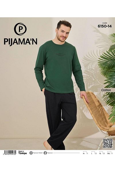 Pijamoni Men's Cotton Bicycle Collar Long Sleeve Thin Pajama Set 6150/14 - 1 Piece