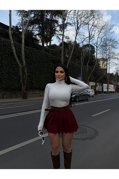 LB Laluna Butik Fusta plisată cu centură de damă bordeaux cu căptușeală interioară și pantaloni scurți