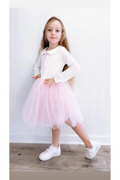 Şirin Şeyler Butiği Perla Long Sleeve Girl's Princess Fluffy Tutu Dress Baby Collar Flexible Lycra Pink White