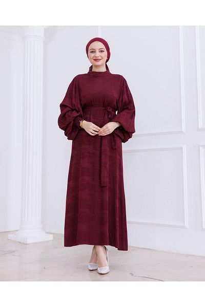 Ebrar Store Irem Sleeves Pleated Burning Dress-Na9548 Burgundy