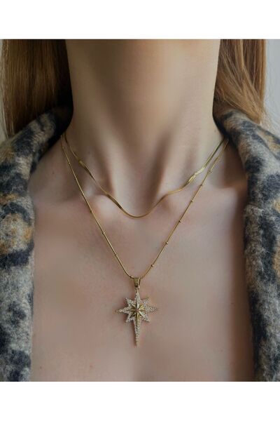 Bijou Luz Gold Zirkon Taşlı Kutup Yıldız Çift Zincir Çelik Kolye