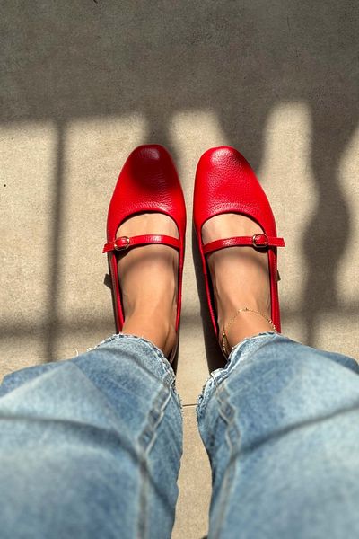 NİŞANTAŞI SHOES Pablo Red Genuine Leather Buckle Detailed Flat Sole Women's Ballerinas