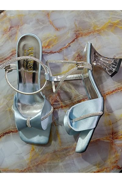 Renasay shose Дамски ледено сини сатенени сандали с панделка на ток