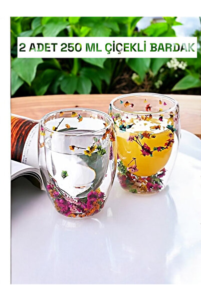 Ercazzo 2'li Çift Cidarlı 250ml Çiçekli Bardak Kahve Çay Bardağı El Yapımı Ca...