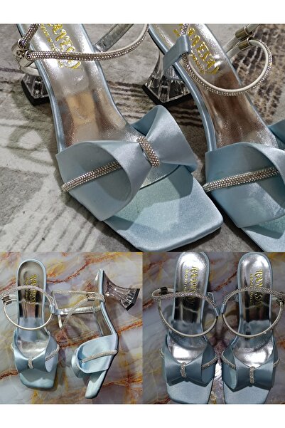 Renasay shose Women's Ice Blue Satin Bow Sandals High Heels
