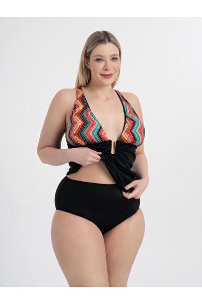 AQUAVİVA Aquaviva Kadın Siyah Karışık Zikzak Desen Büyük Beden Anastasia Toparlayıcı Toka Detaylı Tankini